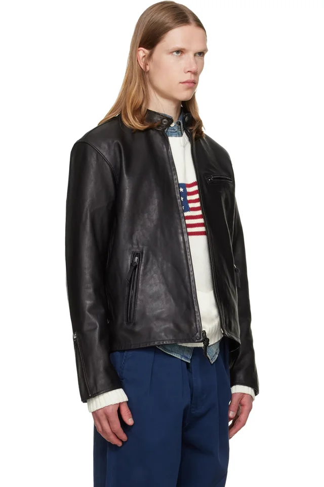 Polo Ralph Lauren Black 'The Brooklands' Leather Café Racer Jacket, photo 2 of 2 from SSENSE