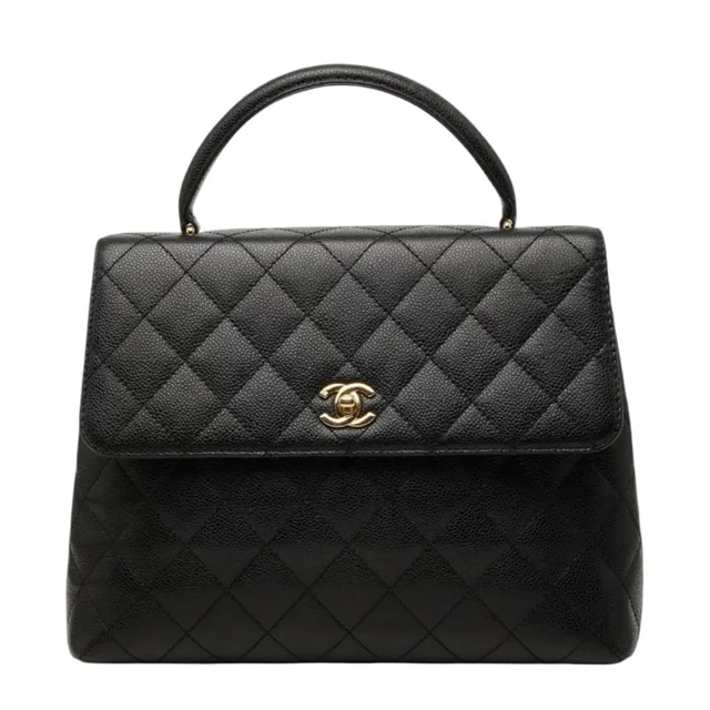 Chanel CC Logo Quilted Handbag Top Handle in Caviar leather from The Reluxe
