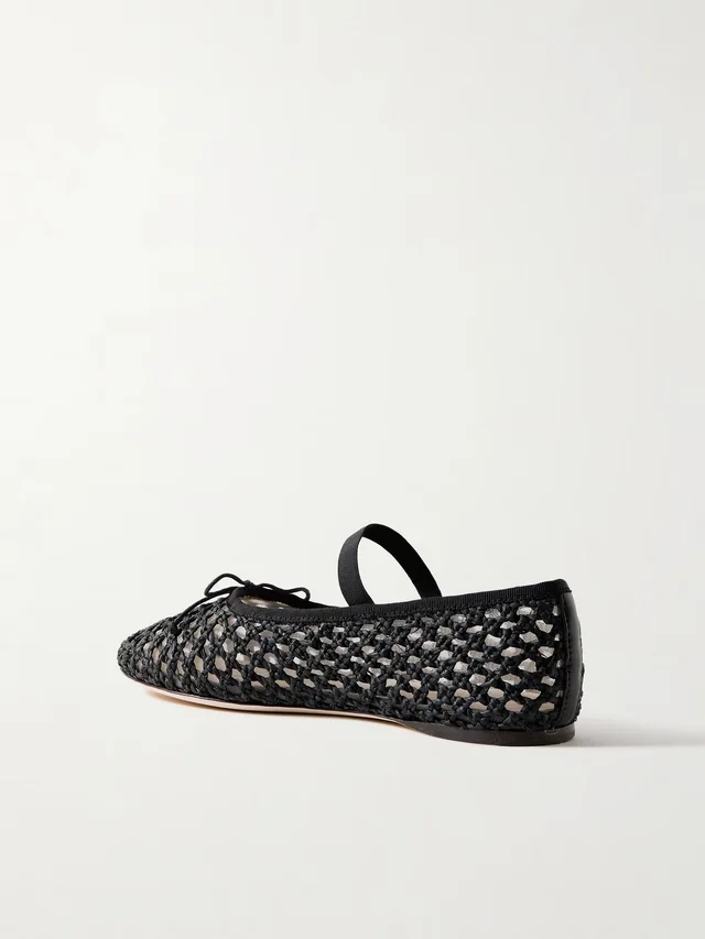 LOEFFLER RANDALL Leonie grosgrain-trimmed raffia Mary Jane ballet flats in black 50% Leather 50% Textile fibers, photo 3 of 5 from NET-A-PORTER (Canada)