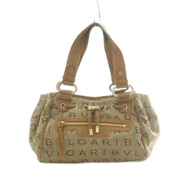 Bvlgari Logo Mania Handbag Canvas Leather Brown in Brown Canvas from The Reluxe