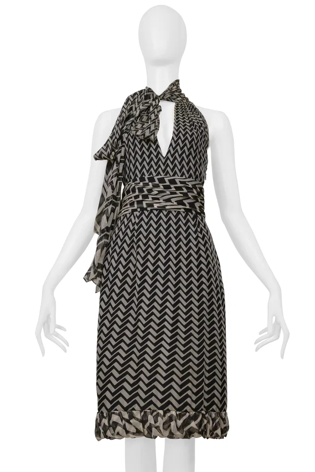 Gucci Black And Grey Chevron Print Scarf Dress C. 2010 in Black Silk from Resurrection Vintage