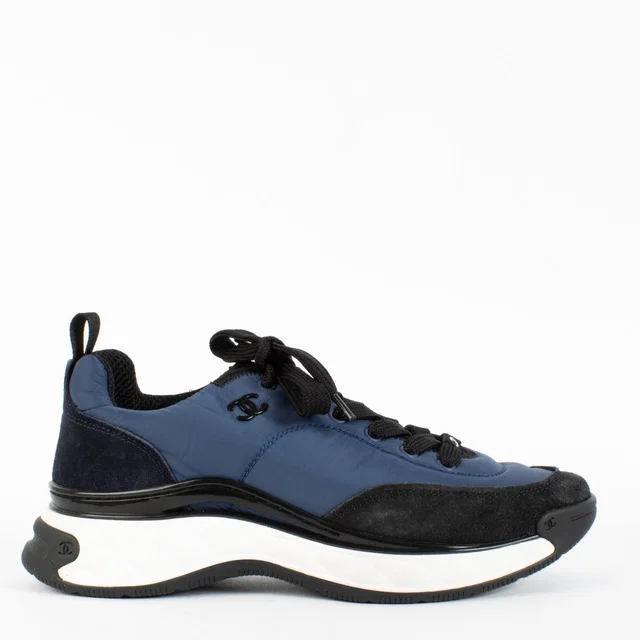 Chanel Blue Nylon/Suede Calfskin Sneakers - Size 39 1/2 in Blue Calfskin from Labellov