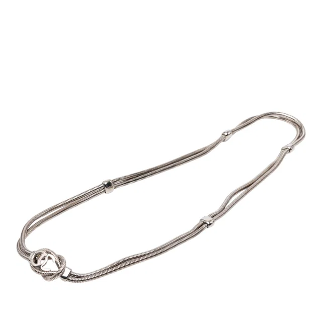 Silver Chanel CC Brass Double Snake Chain Knot Necklace in Silver from Designer Revival