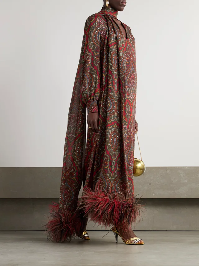 VALENTINO GARAVANI Feather-trimmed scarf-detailed paisley-print silk-crepe midi dress in Red, photo 2 of 2 from NET-A-PORTER (Canada)