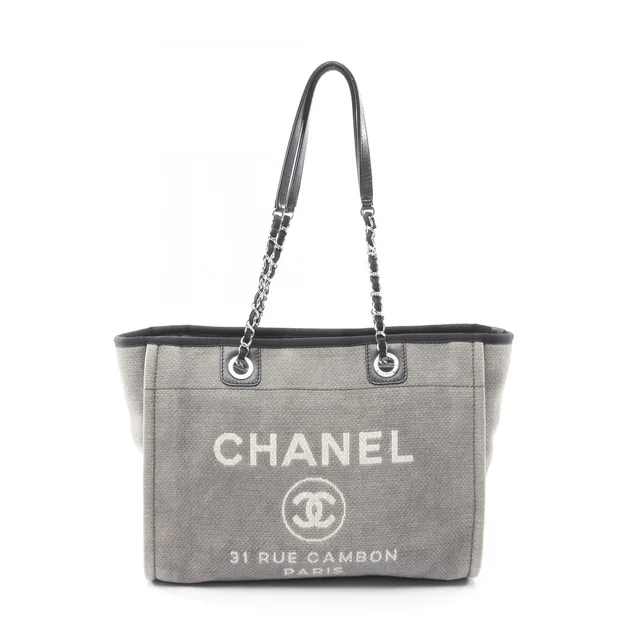 Chanel Tote Bag Deauville Gray White Black Canvas 2-Way Chain MM in Black Canvas from The Reluxe