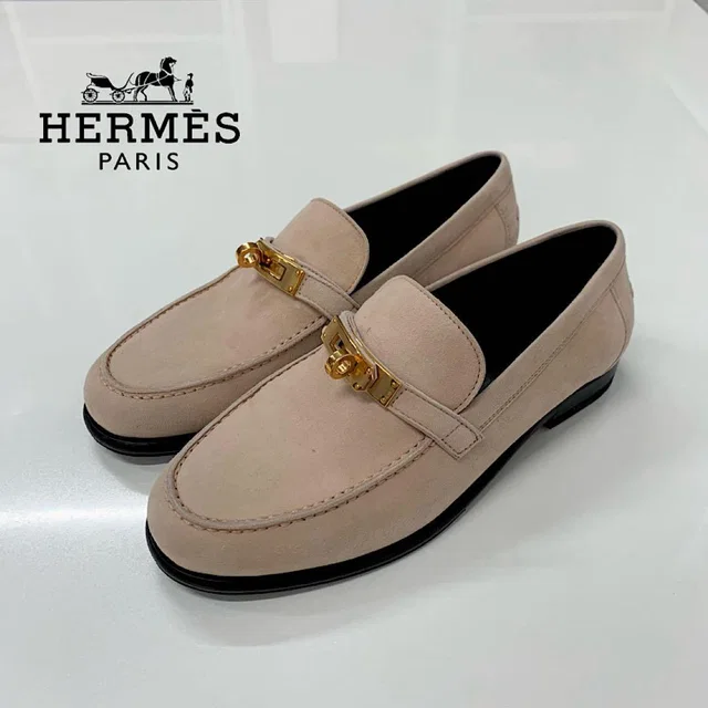 Hermès Destin Suede Kelly Loafers Pink Beige in Beige Suede from The Reluxe