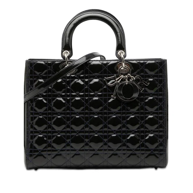 Blue Dior Large Patent Cannage Lady Dior Satchel in Blue Patent leather from Designer Revival