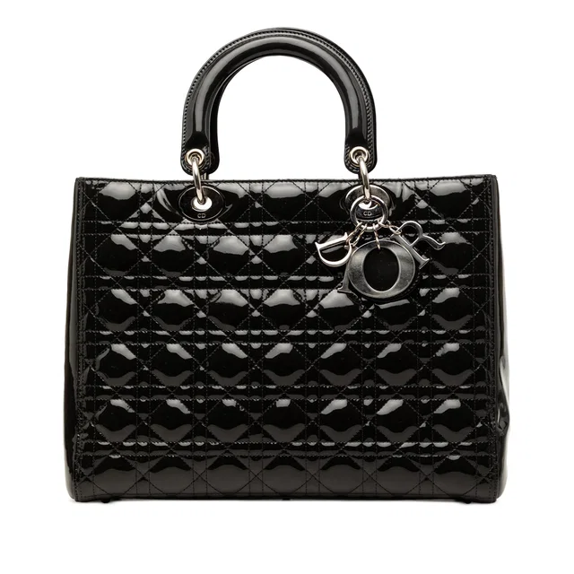 Black Dior Large Patent Cannage Lady Dior Satchel in Black Patent leather from Designer Revival
