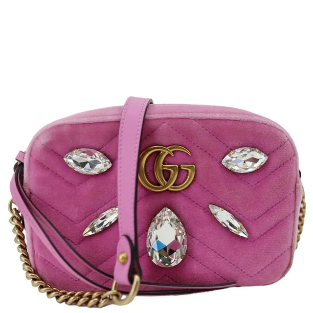 Gucci GG Marmont Mini Marquise Crystals Matelasse Velvet Chain Crossbody Bag Pink 448065 in Pink Velvet from Dallas Designer Handbags