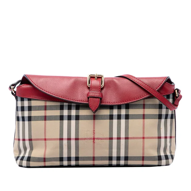 Red Burberry Haymarket Check Canvas Leah Crossbody in Red Canvas from Designer Revival
