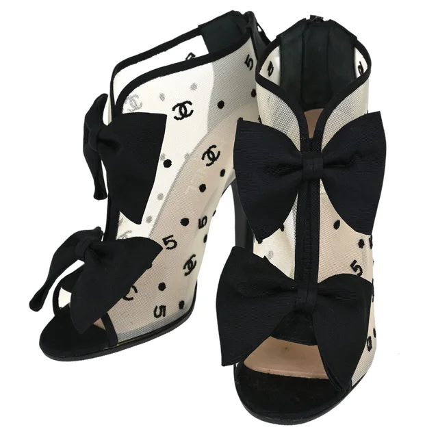 Chanel CC Dots Bow Black Mesh Short Boots Shoes #38 in Black from AMORE Vintage Tokyo