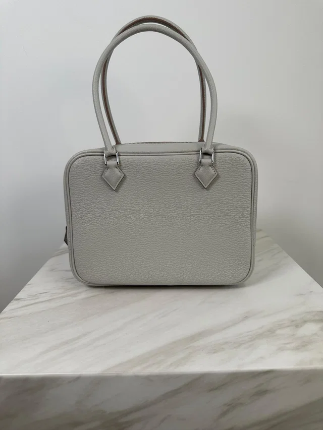 Hermès Mini Plume Chevre Gris Perle Palladium Hardware in Grey Goatskin from Luxury Promise