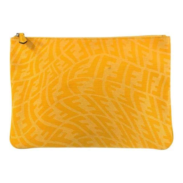 Fendi FF Vertigo Yellow Silver Canvas Clutch Bag in Yellow Canvas from The Reluxe