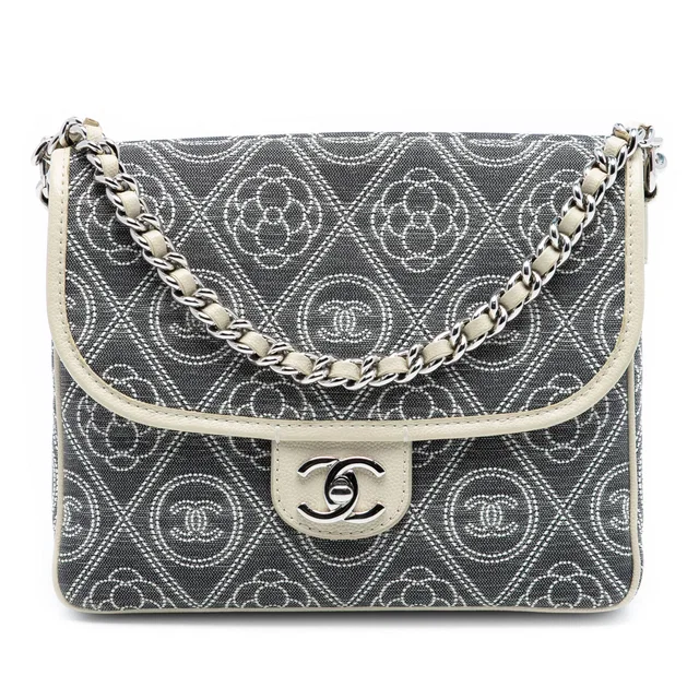 Gray Chanel Camellia Printed Canvas Double Side Flap Satchel in Grey Canvas from Designer Revival