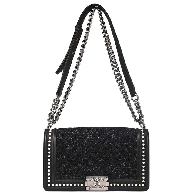 Boy Chanel 2018-2019 Black Tweed Calfskin Costume Pearl Medium Shoulder Bag in Black Calfskin from AMORE Vintage Tokyo