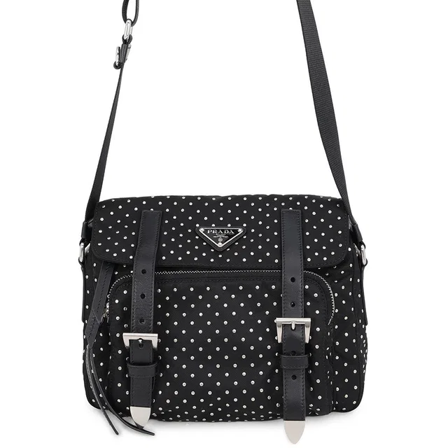 Prada Triangle Logo Studded Shoulder Bag Black1BD382 Nylon in Nylon from GALLERY RARE