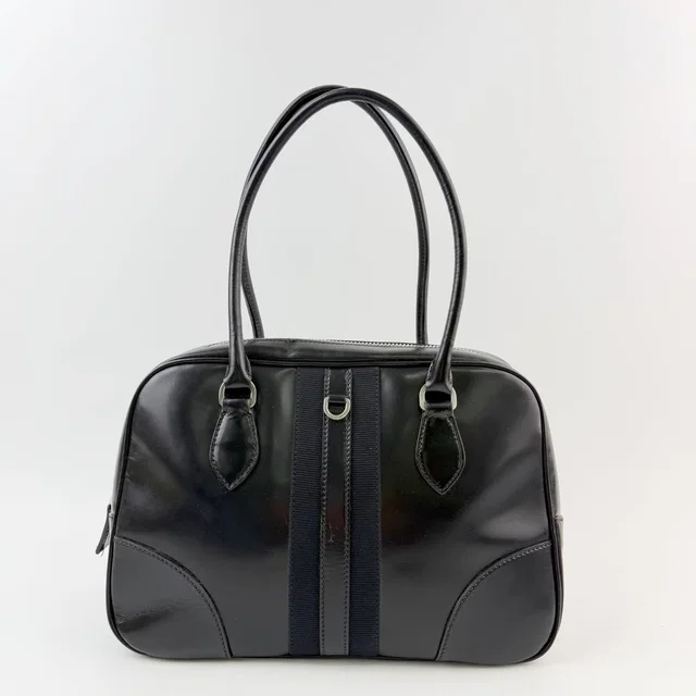 Prada Bowling Triangle Logo Side Line Shoulder Bag Leather Black Silver Vintage in Black Leather from The Reluxe