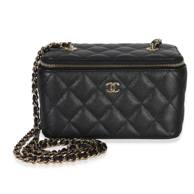 Chanel Black Quilted Caviar Small Vanity Case With Chain in Black Caviar leather from myGemma