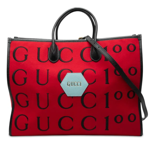 Red Gucci 100th Anniversary Calfskin Trimmed Felt Script Logo Shopping Tote Satchel in Red Calfskin from Designer Revival