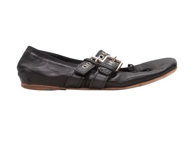 Miu Miu Black Miu Double Buckle Leather Ballet Flats 36.5 in Black Leather from Designer Revival