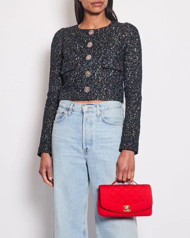Chanel Navy Blue & Multicolour Sequin Tweed Cropped Jacket With Dusty Pink Camellia Embellished… in Navy Tweed from Sellier