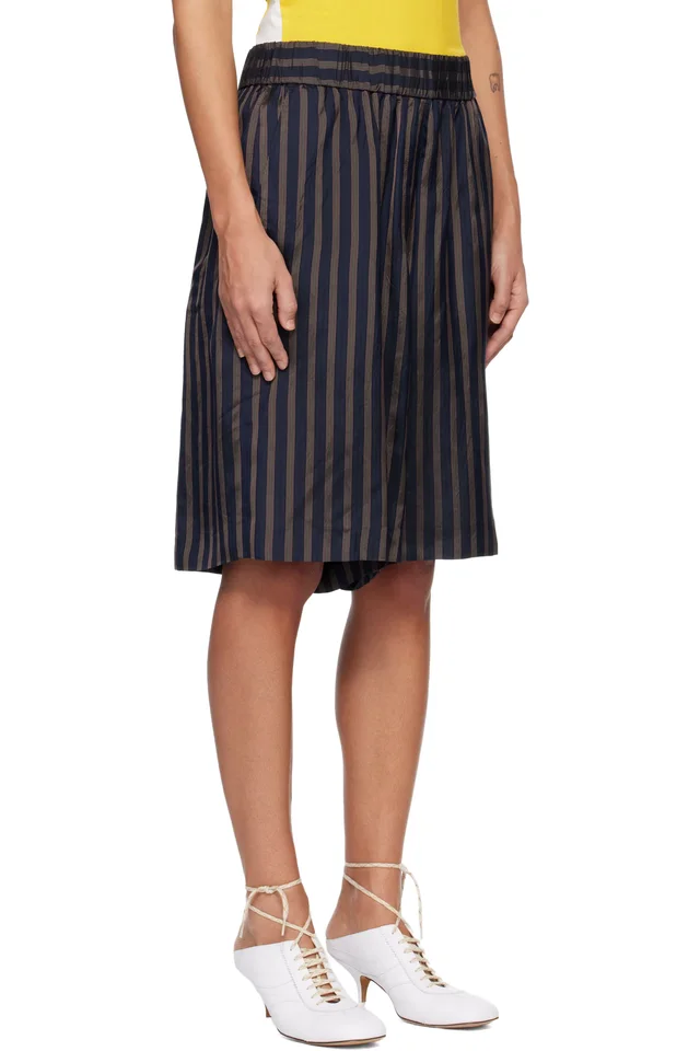 Dries Van Noten Navy Striped Satin Shorts, photo 2 of 4 from SSENSE