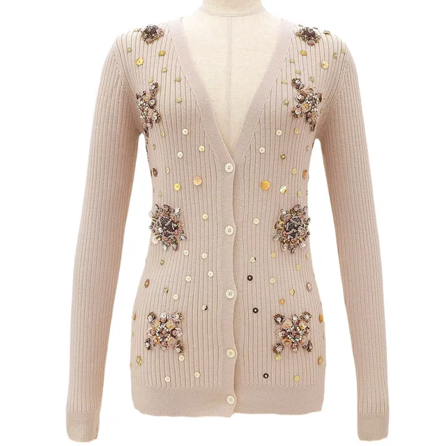 Miu Miu Bijou Flower Motif Cardigan #42 Light Beige in Beige Wool from VINTAGE QOO TOKYO