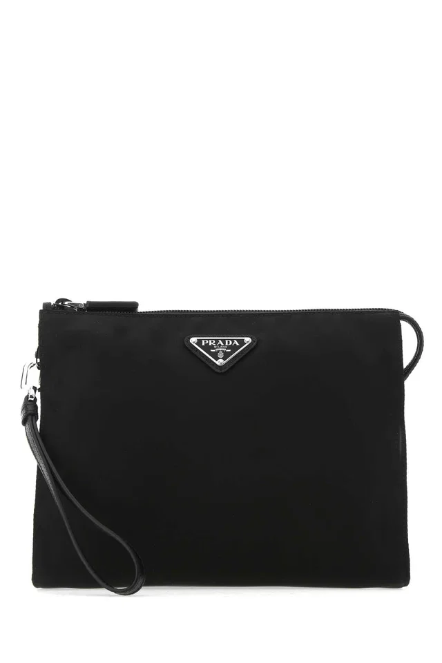 Prada Re-Nylon And Calfskin Clutch — Black Poliammidericiclata-vitello in Black Calfskin from HEWI