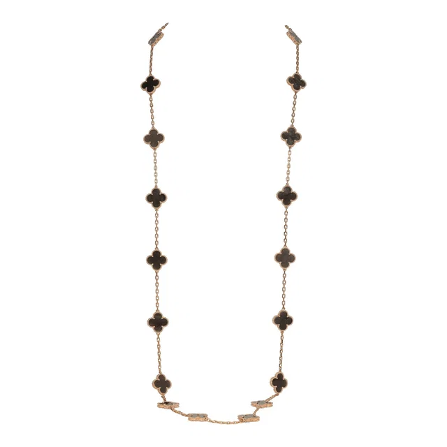 Van Cleef & Arpels Vintage Alhambra 20 Motif Long Necklace Silver Obsidian & 18K Rose Gold in Pink from Madison Avenue Couture