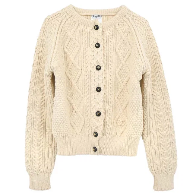 Chanel 1996 Fisherman Cardigan Ivory #44 in White Wool from AMORE Vintage Tokyo