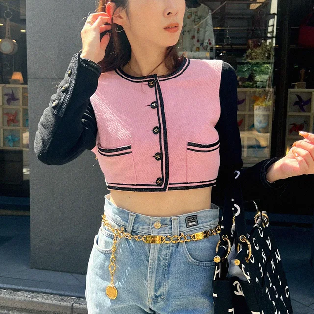 Chanel Two-tone CC mark button short jacket #38 black/pink in Black from VINTAGE QOO TOKYO
