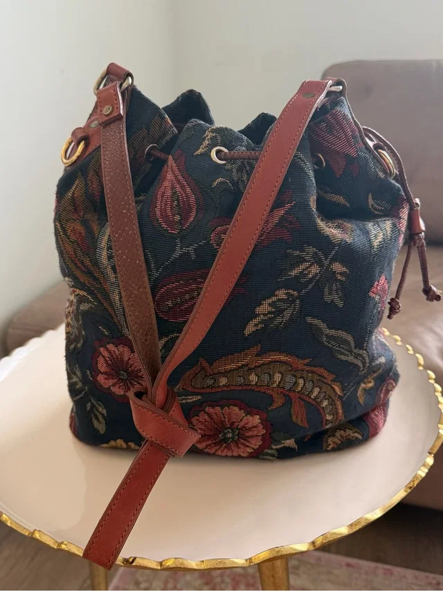 Vtg Ponte Vecchio Tapestry Floral Bucket Bag Drawstring Made In Usa As Is in red|blue Woven leather from Poshmark