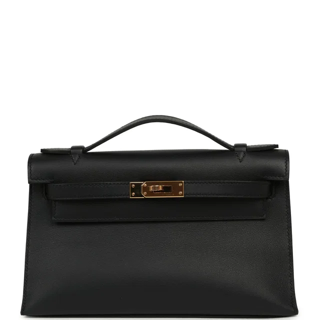 Hermès Kelly Pochette Black Swift Rose Gold Hardware in Black Swift leather from Madison Avenue Couture