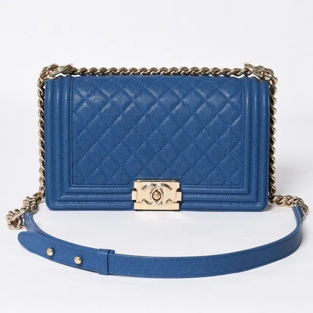 Chanel Boy 25 Chain Shoulder Bag CC Logo Caviar Leather Blue in Blue Caviar leather from The Reluxe
