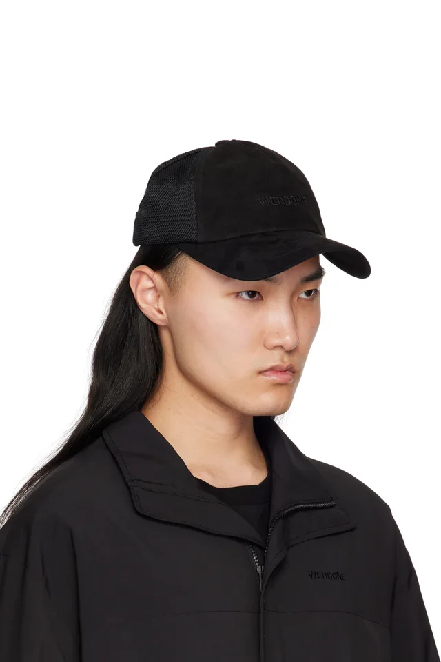 We11done Black Logo Embroidery Suede Cap, photo 2 of 3 from SSENSE