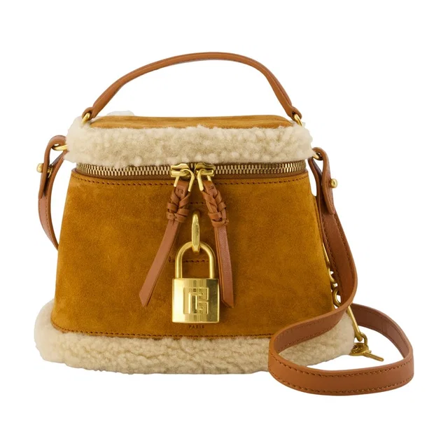 Balmain Shearling-Trimmed Calfskin Top Handle Bag — Khaki in Green Calfskin from HEWI
