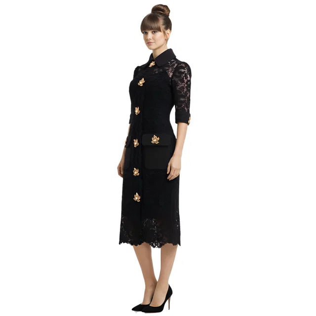 Dolce & Gabbana embellished lace midi dress with gold leaf buttons in Gold from Designer Revival
