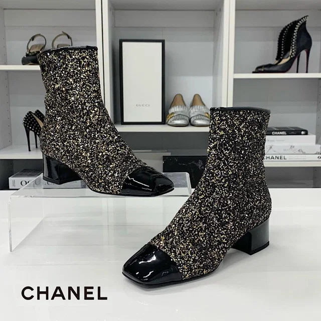 Chanel CC Logo Glitter Patent Short Boots Black in Black Patent leather from The Reluxe