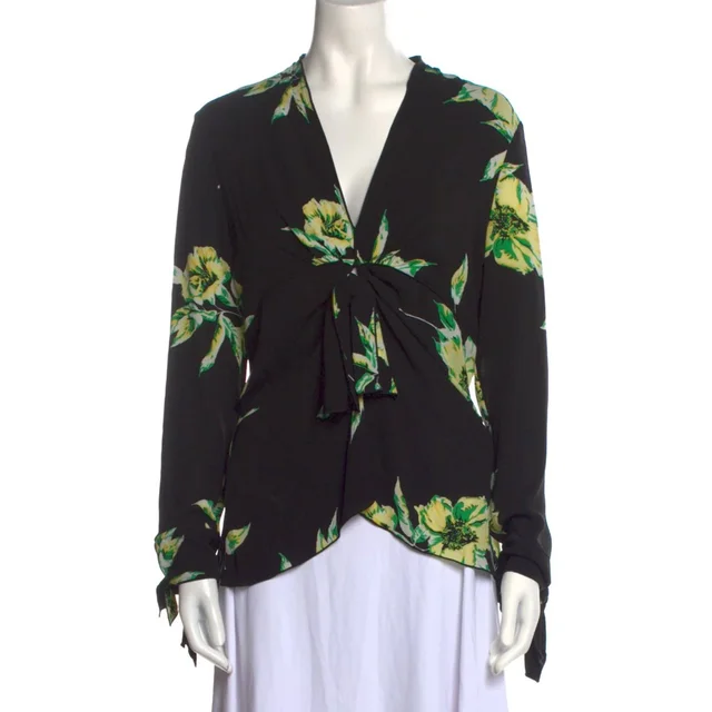 Proenza Schouler Plunge V Floral Blouse Size 0 Xs Black Green Cottagecore Boho in black|green Silk from Poshmark