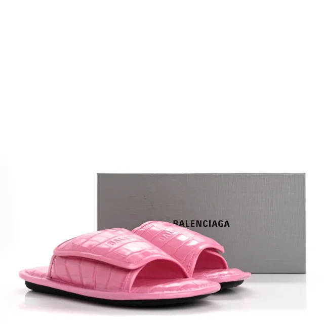 Balenciaga Logo Crocodile Embossed Slides 40 Fuxia in Calfskin from FASHIONPHILE, photo 10 of 10