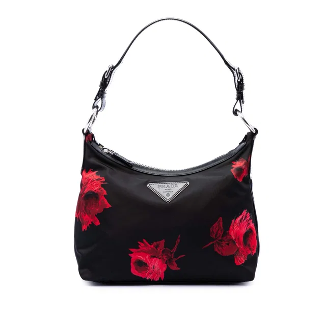 Black Prada Tessuto Stampato Rose Shoulder Bag in Black Nylon from Designer Revival