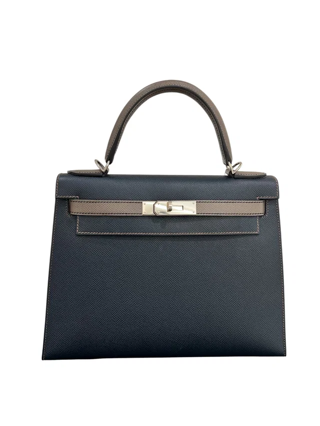 Hermès Kelly 28 Sellier Blue Abysse Etain Epsom HSS PHW #X in Taupe Epsom leather from Luxury Promise