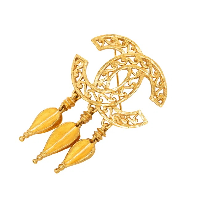 Gold Chanel CC Gold Plated Filigree Fringe Drop Brooch in Gold from Designer Revival