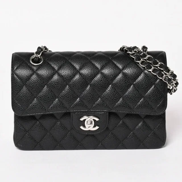 Chanel Quilted 23 Double Flap Chain Shoulder Bag Caviar Leather CC Logo Silver in Silver Caviar leather from The Reluxe