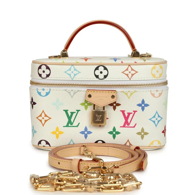 Louis Vuitton X Takashi Murakami Vanity Chain Pouch White Multicolor Monogram Gold Hardware in White Coated canvas from Madison Avenue Couture