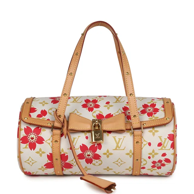 Louis Vuitton Vintage X Takashi Murakami Cream and Red Cherry Blossom Papillon Gold Hardware in White Coated canvas from Madison Avenue Couture