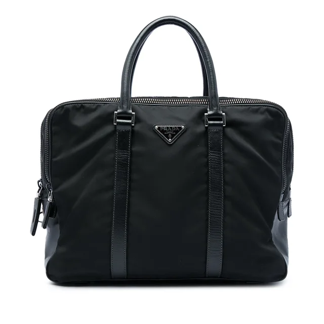 Black Prada Saffiano Trimmed Tessuto Business Bag in Black Saffiano leather from Designer Revival