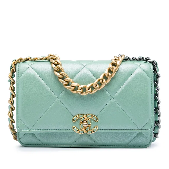 Green Chanel Quilted Lambskin 19 Wallet on Chain Satchel in Green Lambskin from Designer Revival