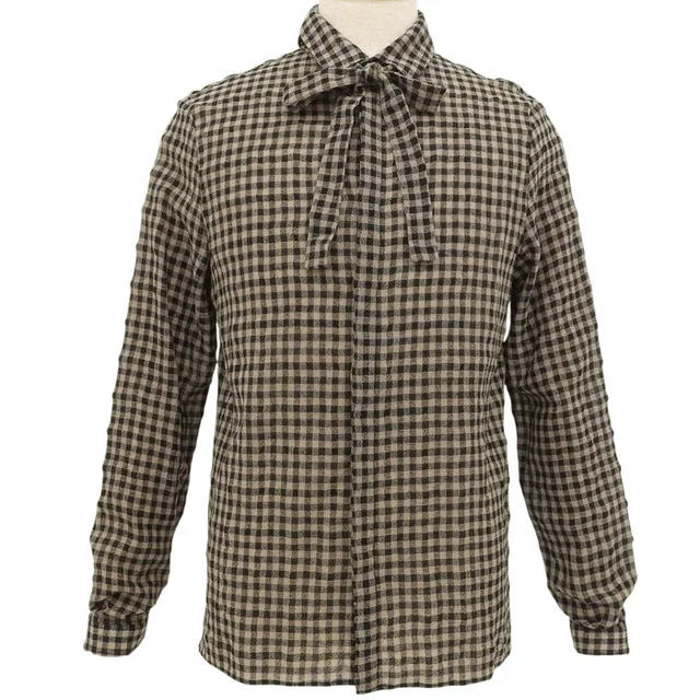 Gucci Checked Pattern Ribbon Tie Shirt #40 Brown/Black in Black Wool from VINTAGE QOO TOKYO
