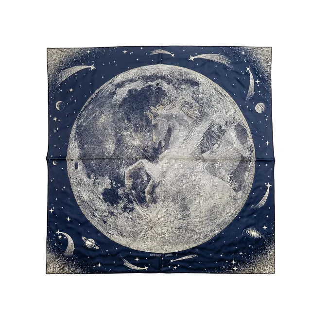 Hermès 90cm Silk Scarf with Sequin Clair De Lune Navy / White in White Silk from EMIER